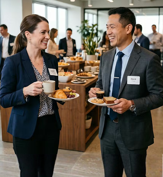 Equipe servindo coquetel corporativo em evento empresarial em São Paulo